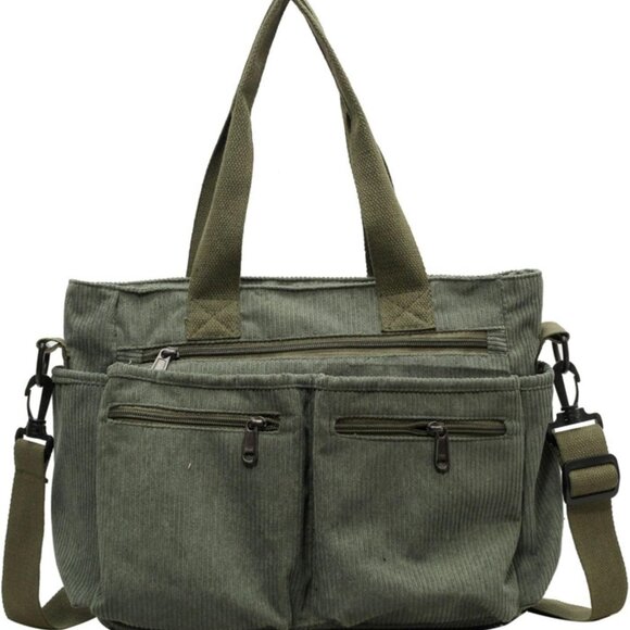 Women Large Corduroy Canvas Tote Crossbody Bag with Multiple Pockets - Picture 1 of 8